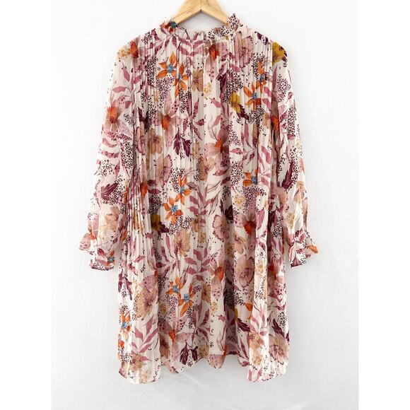 AURA Floral Chiffon Mini Dress Medium Women's Spring Long Sleeve Pleated Dress - Picture 1 of 6